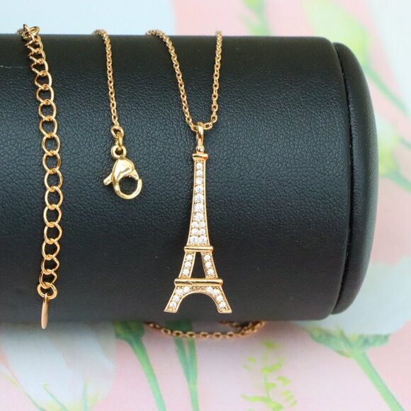 "Rose Gold Eiffel Tower Pendant Necklace with Sparkling Crystals, XPNL1883 - Picture 1 of 12